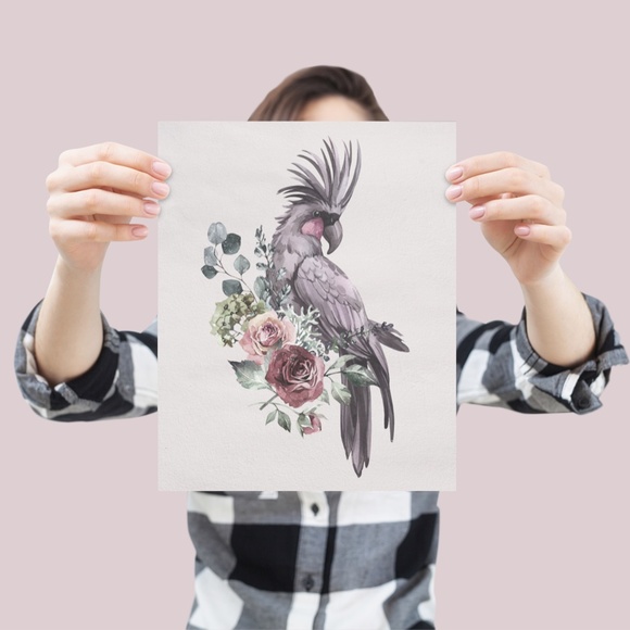 Floral Black Cockatoo Watercolor Illustration Wall Art Print Poster Unframed - Picture 5 of 10